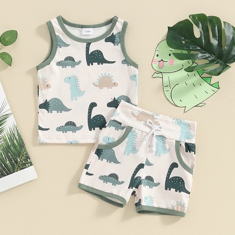 

2024-01-13 Lioraitiin 3M-3T Kid Baby Boys Shorts Set Dinosaur Print Tank Top with Elastic Waist Shorts Summer Outfit