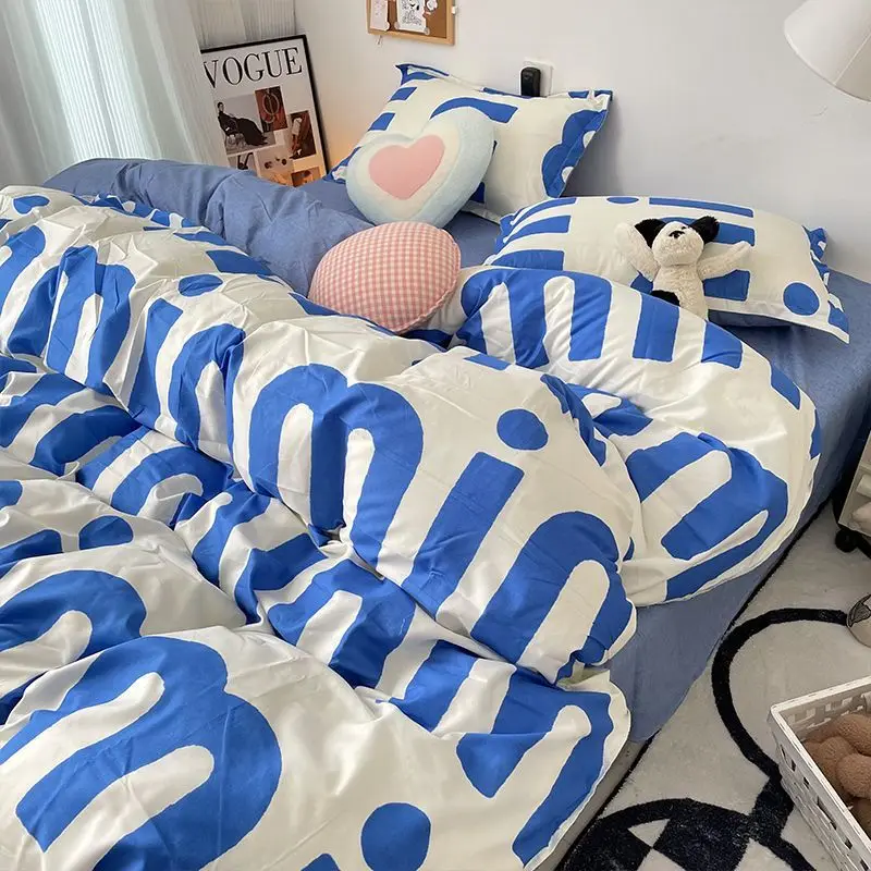 한국 스타일 블루 레터 침구 세트, 트윈 풀 퀸 사이즈 침대 린넨, 어린이 성인 단색 침대 플랫 시트 베개 커버, 이불 커버