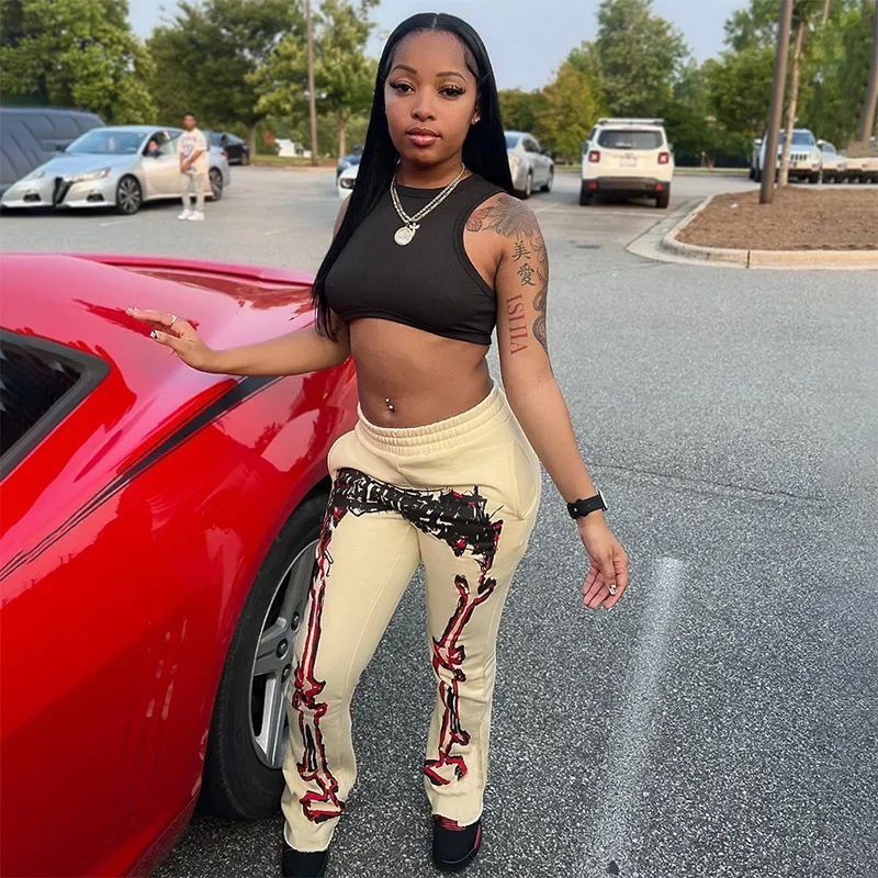Fashion Print Casual Wide Leg Pants for Women Y2k 2023 Autumn Winter New Pocket Elastic Mid Waist Sweatpants Streetwear