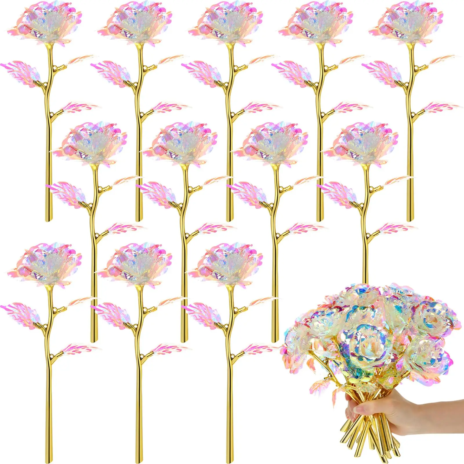 12-teilige Galaxie-Rosenblumen, Valentinstagsgeschenk, Blumen mit Stielen, Geschenk für Sie, Muttertag, Geburtstag, für immer, gefälschte Kristallrosen