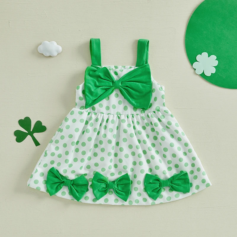 Girls St Patrick s Day Dress Casual Shamrock Print Cute Bow Sleeveless A-Line Dress for Spring Celebration Adorable Outfit 3
