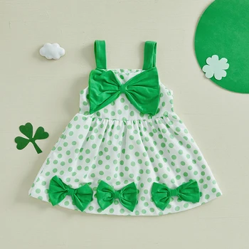 Girls St Patrick s Day Dress Casual Shamrock Print Cute Bow Sleeveless A-Line Dress for Spring Celebration Adorable Outfit 3