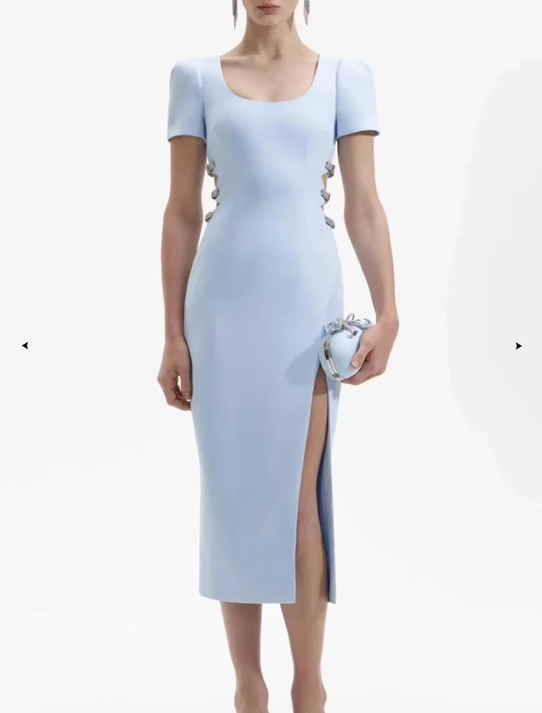 여성용 우아한 스카이 블루 반팔 사이드 웨이스트 할로우 아웃 다이아몬드 주얼리 슬릿 미디 원피스, 2024 신상
