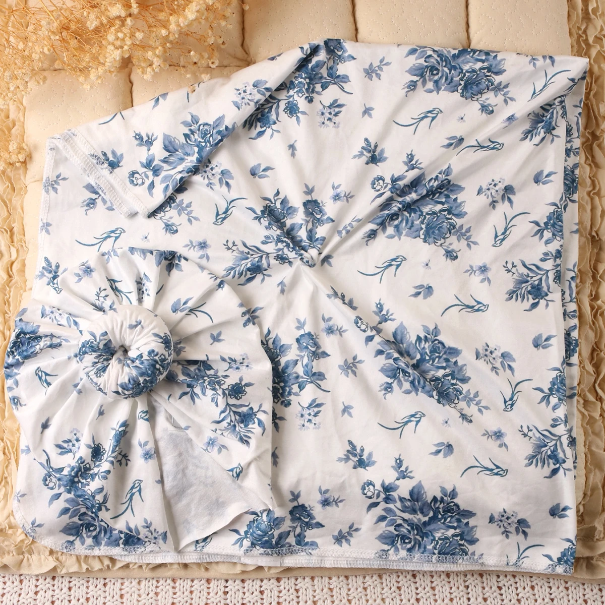 Ylsteed Rose Flower Print Newborn Photography Wrap with Turban Hat Infant Photo Shooting Outfits  Baby Receiving Swaddle Blanket 5
