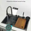 LED waterfall faucet kitchen sink honeycomb anti-scratch nano technology left drain 304 Stainless Steel Large Single basin sinks 1