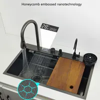 LED waterfall faucet kitchen sink honeycomb anti-scratch nano technology left drain 304 Stainless Steel Large Single basin sinks 1
