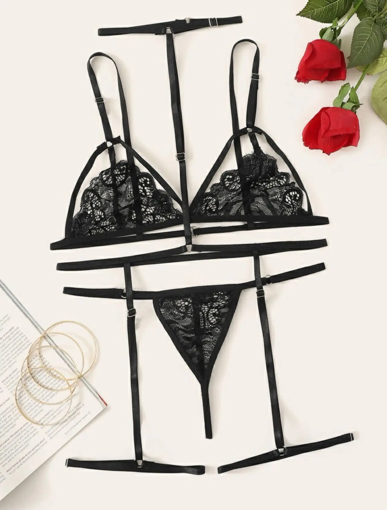 Ensemble de soutien-gorge en dentelle florale, Sexy, à la mode, jarretelles érotiques, sous-vêtements porno pour femmes, ajouré_voghion.com
