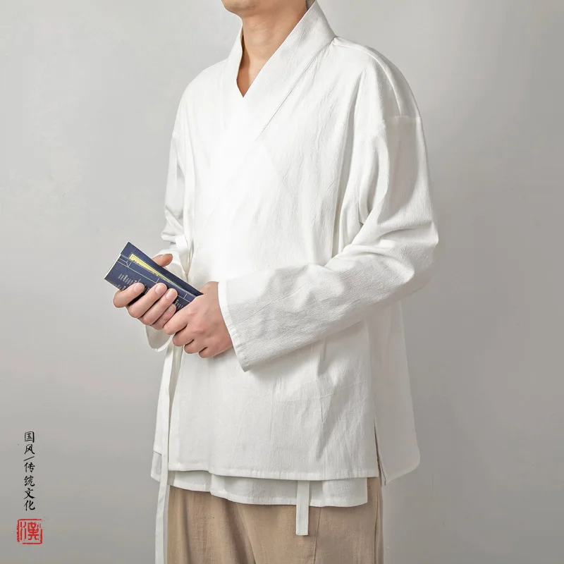 Spring Men Linen Shirt Jacket Men Fake Two-Layer Shirt Vintage Chinese Style Long Sleeve Shirts Male Open Stitch Hanfu