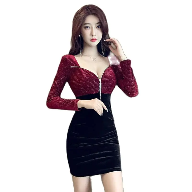 

Office Womens Sexy Long-sleeved Golden Velvet Dress Ladies Fashion Lowcut Zipper Slim Bag Hip Skirt Night Work Clothes Wome