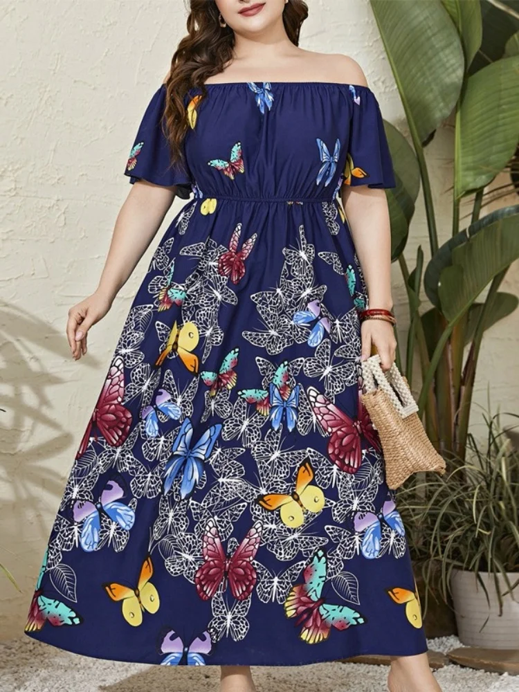 Wmstar Plus Size Dresses for Women Wholesale Off Shoulder Long Dress with Butterfly Prints Elastic Waist Drop Shopping Summer