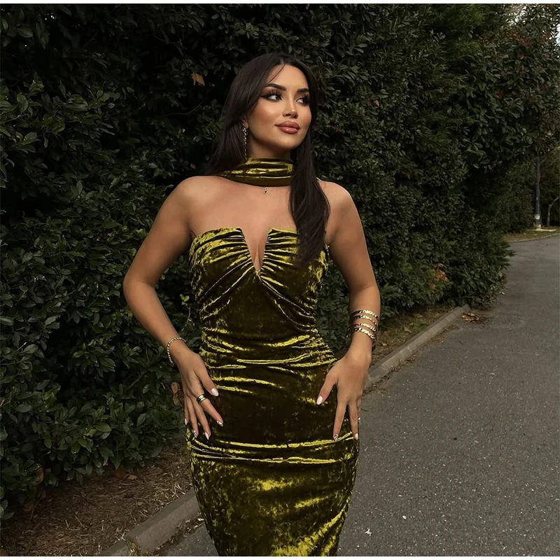 Elegant Halter Velvet Midi Dresses Women Backless Pleated Zipper Green Party Dress Female 2025 Spring Summer Lady Slim Fit Robes