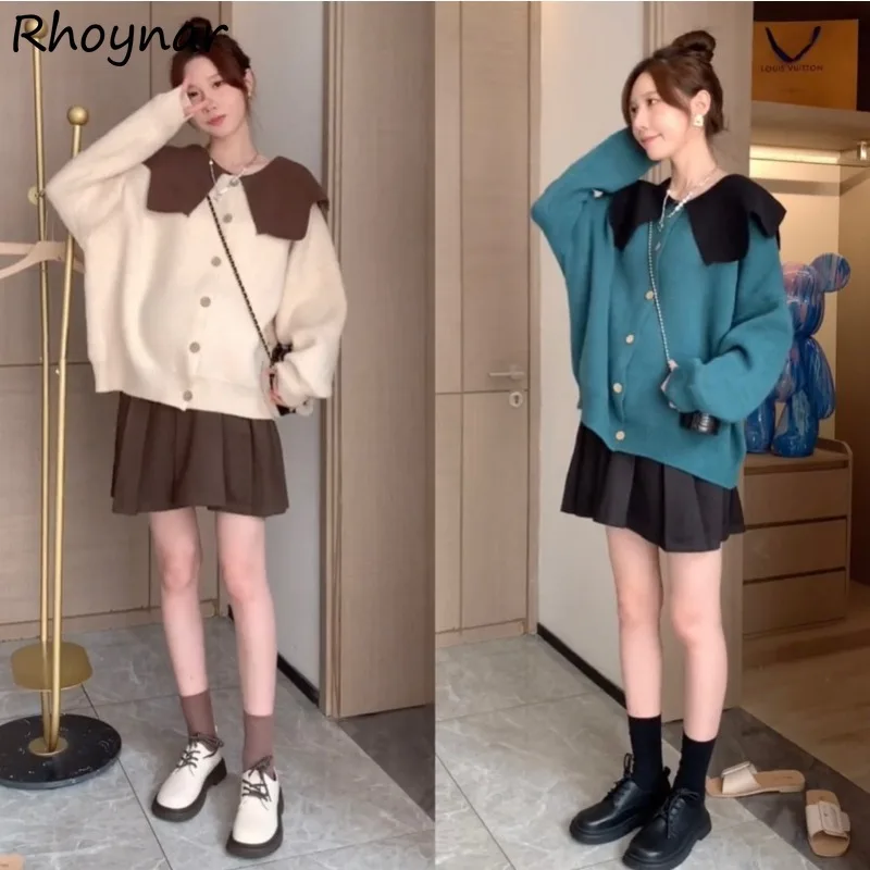 

Шикарные милые вязаные кардиганы с воротником «Питер Пэн», женские модные простые свободные Молодежные Популярные универсальные свитера со вставками для девушек