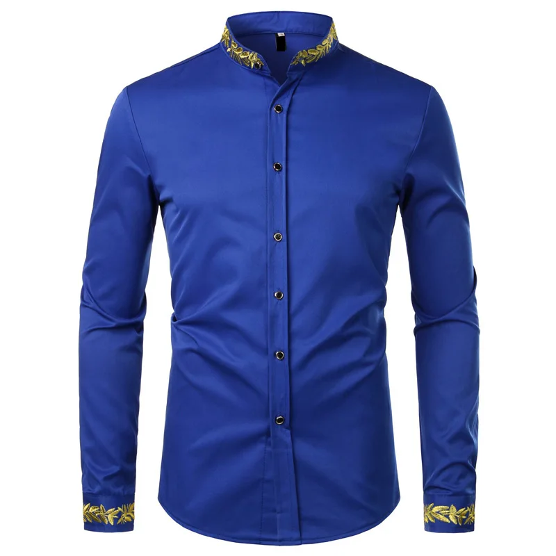 Long Sleeve Shirt long sleeve shirt Gold Embroidery White Shirt Men Stand Collar Mens Dress Shirts Casual Slim Chemise Homme Camisa Masculina