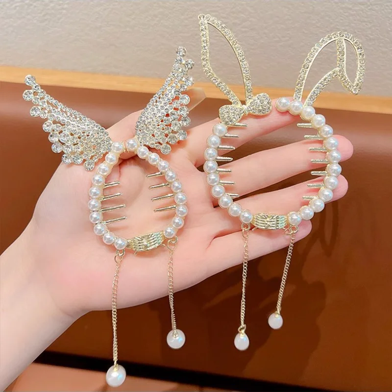Children Rhinestone Angel Wing Animal Ears Baby Hair Clip Elegant Pearl Hairpins Ponytail Headband for Girl Kids Accessories
