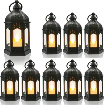 Mini Lantern with Flickering LED Candles,Vintage Black Decorative Hanging Candle Lanterns for Halloween,Wedding decor,Christmas