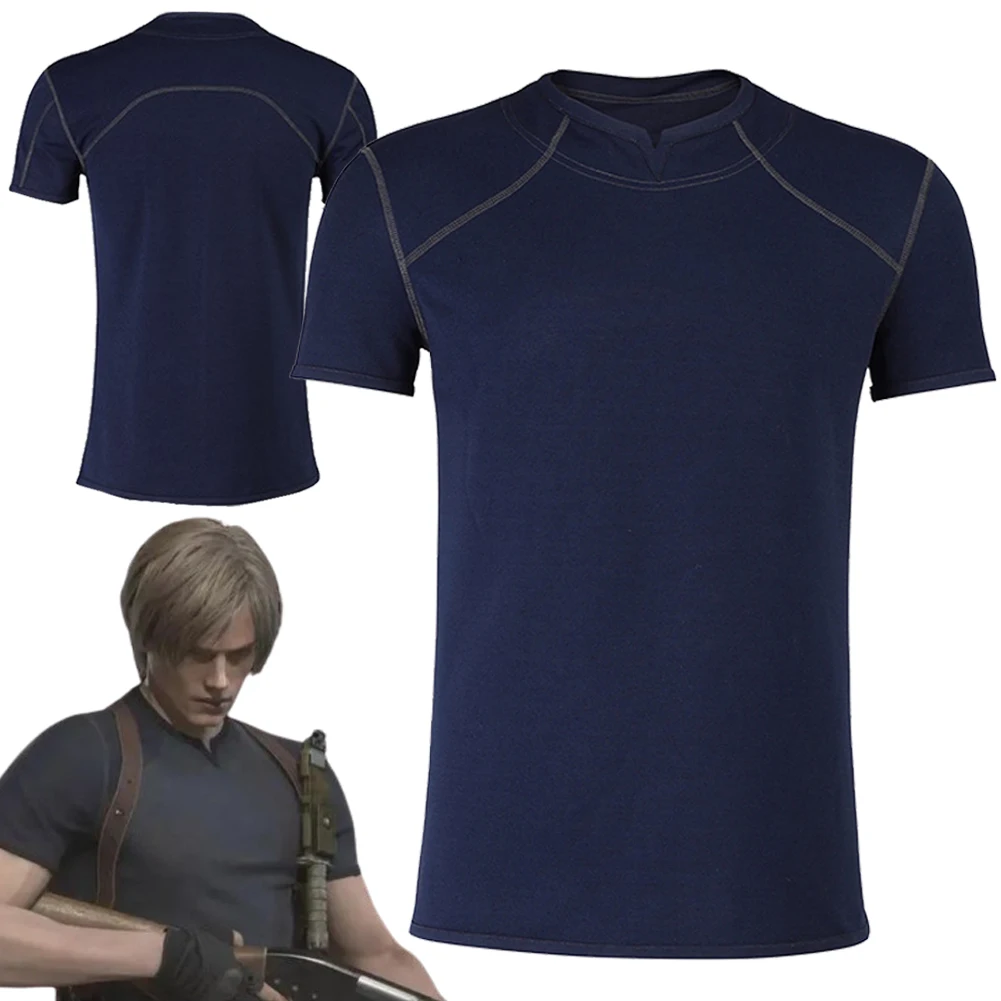 

Leon Cosplay T-shirt Fantasy Outfits Biohazard Game Resident Re Disguise Tops Costume Men Short Sleeves Halloween Roleplay Suit