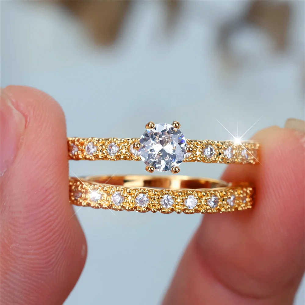 Crystal Female White Zircon Stone Ring Set Fashion Luxury Gold Silver Color Bridal Wedding Engagement Jewelry For Women