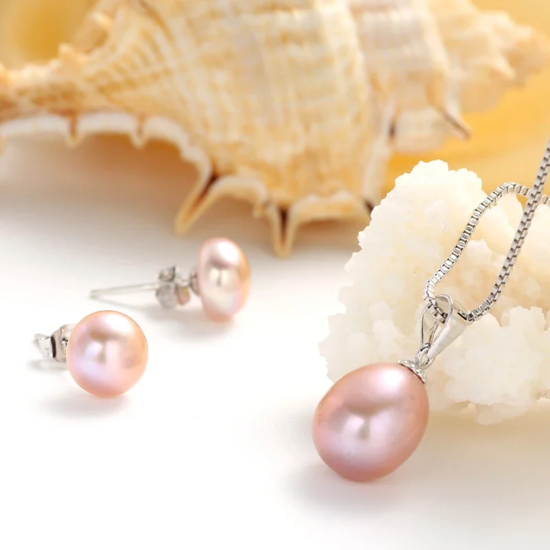 8-9mm 925 sterling silver earring and pendant necklace set for women party bridal jewelry set freshwater pearl