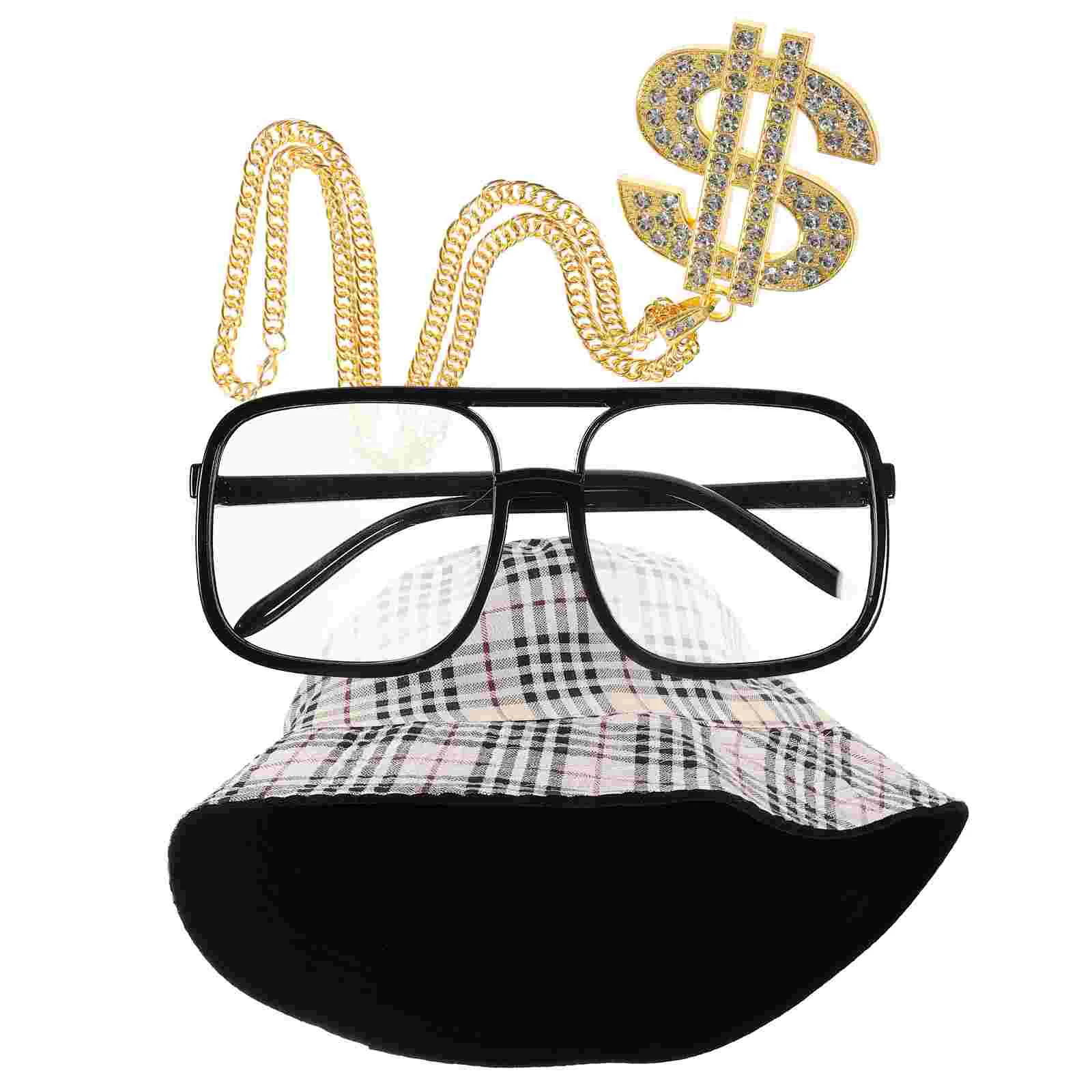 

4pcs Hip Hop Necklace Ring Hat Glasses Set Hip Hop Costume Kit Hip Hop Jewelry