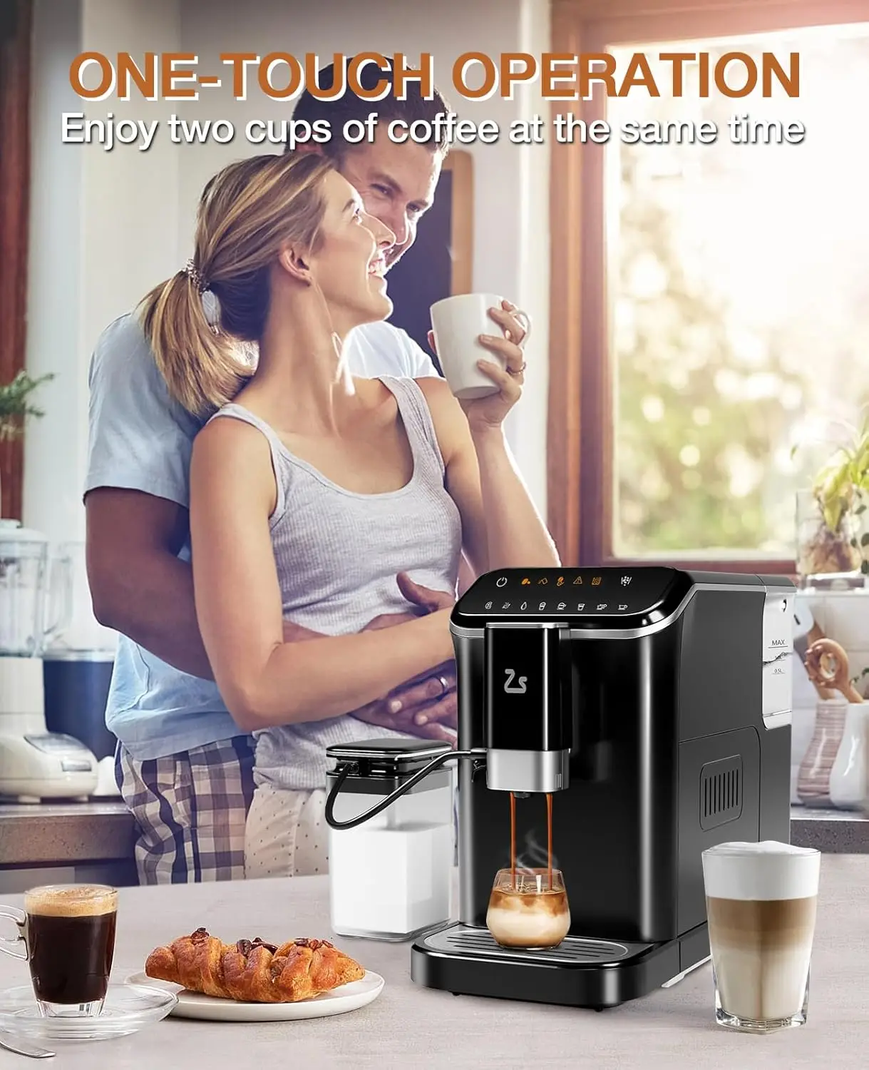 Fully Automatic Espresso Machine with Milk Frother Steam Wand, Built-in Grinder, Touch Screen Coffee Maker 7 Coffee Varieties