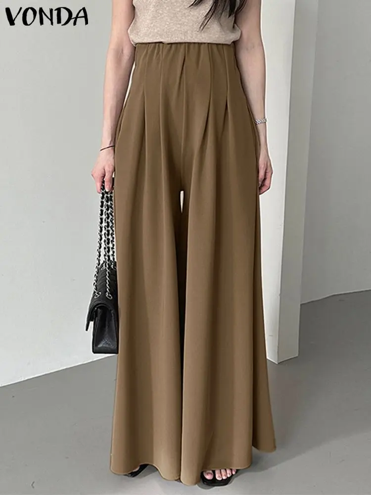 

2023 элегантные женские широкие брюки VONDA, модные однотонные брюки с высокой талией, повседневные Свободные плиссированные офисные длинные брюки