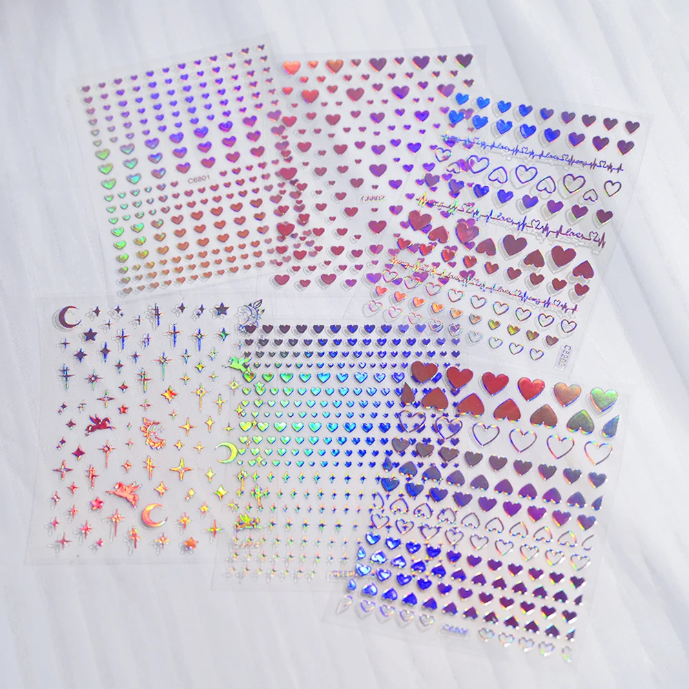 Holographic Rainbow Love Heart Nail Sticker 4/6Sheet/Kit 3D Laser Self-Adhesive Manicure Slider