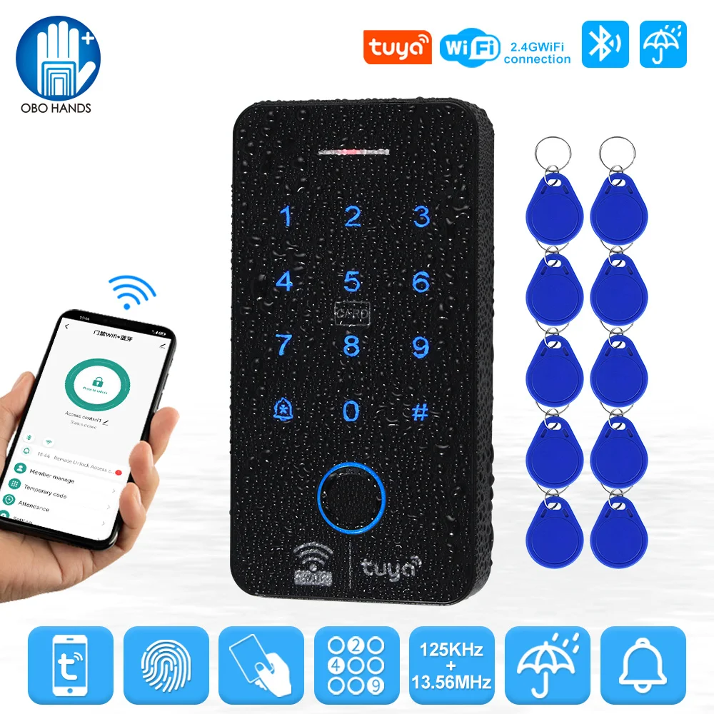 

WiFi Tuya Fingerprint Access Controller Outdoor Waterproof Standalone RFID Keypad System 125KHz 13.56MHz WG26 Smart APP Unlock