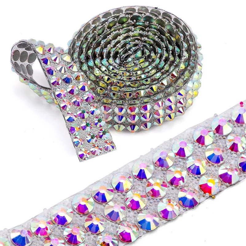 

1 Yard Hotfix Glass Rhinestone Ribbon 3 Rows 15MM Wide Glitter Crystal AB Iron On Diamond Chain for Fabric Clothes Decoration