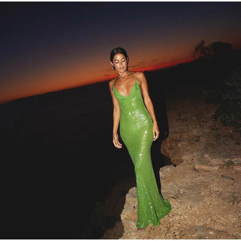 Green Sequin Glitter Backless Maxi Dress For Women Sexy Swing Collar Sleeveless Skinny Long Vestidos Elegant Night Party Robe