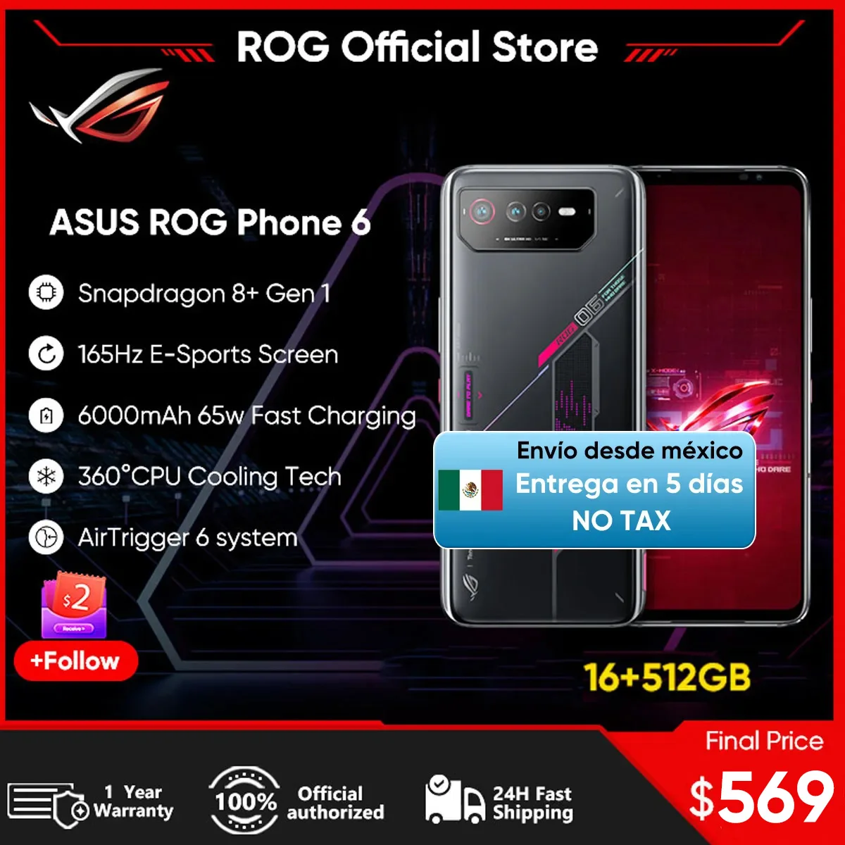Global ROM ASUS ROG Phone 6 5G Gaming Mobile phone Snapdragon 8+ Gen 1  6.78'' 165Hz E-Sports AMOLED 6000mAh 16GB 512GB