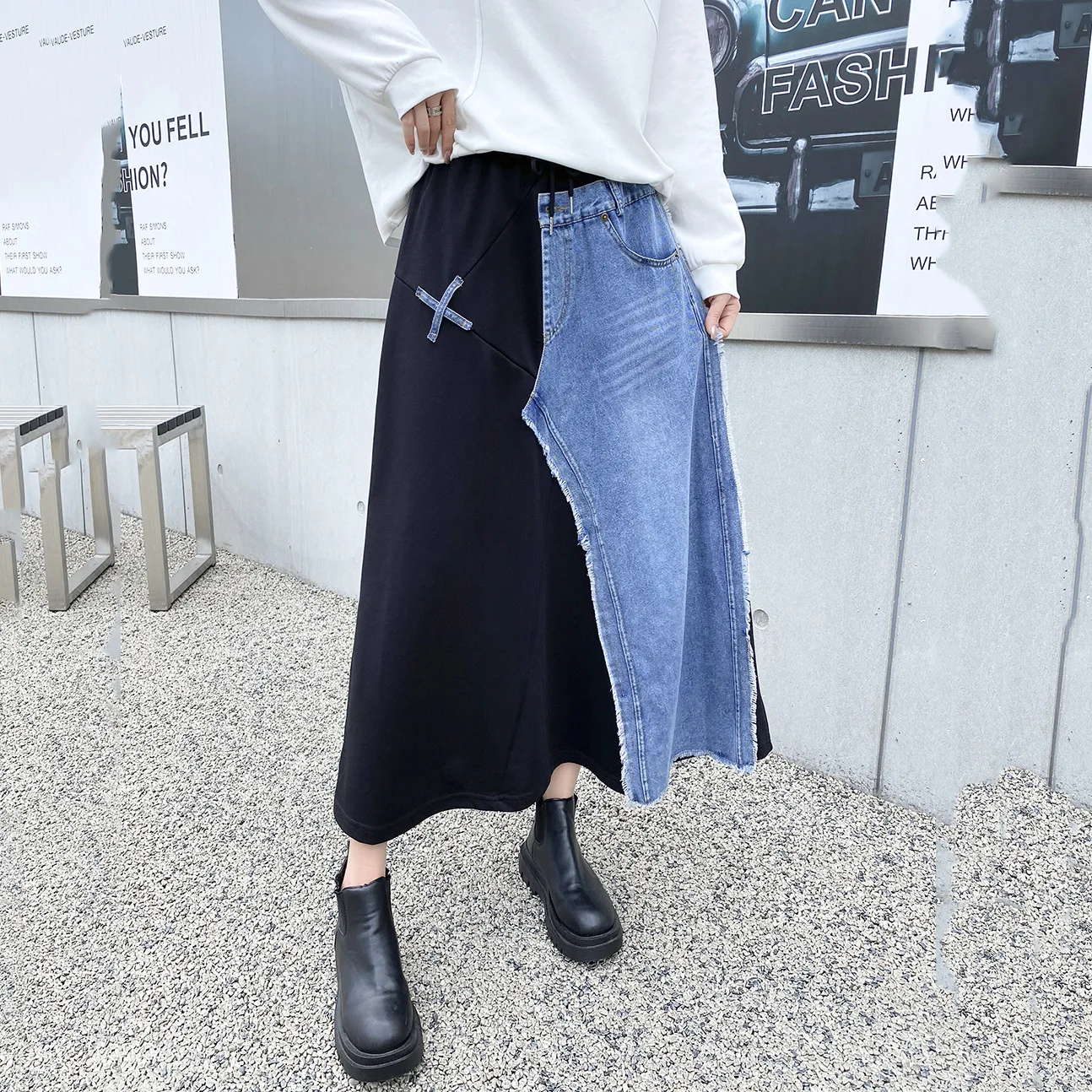 

SuperAen Street Color Stitching Denim Skirt Women Autumn New Loose High Street Style A Line Long Skirt Tops