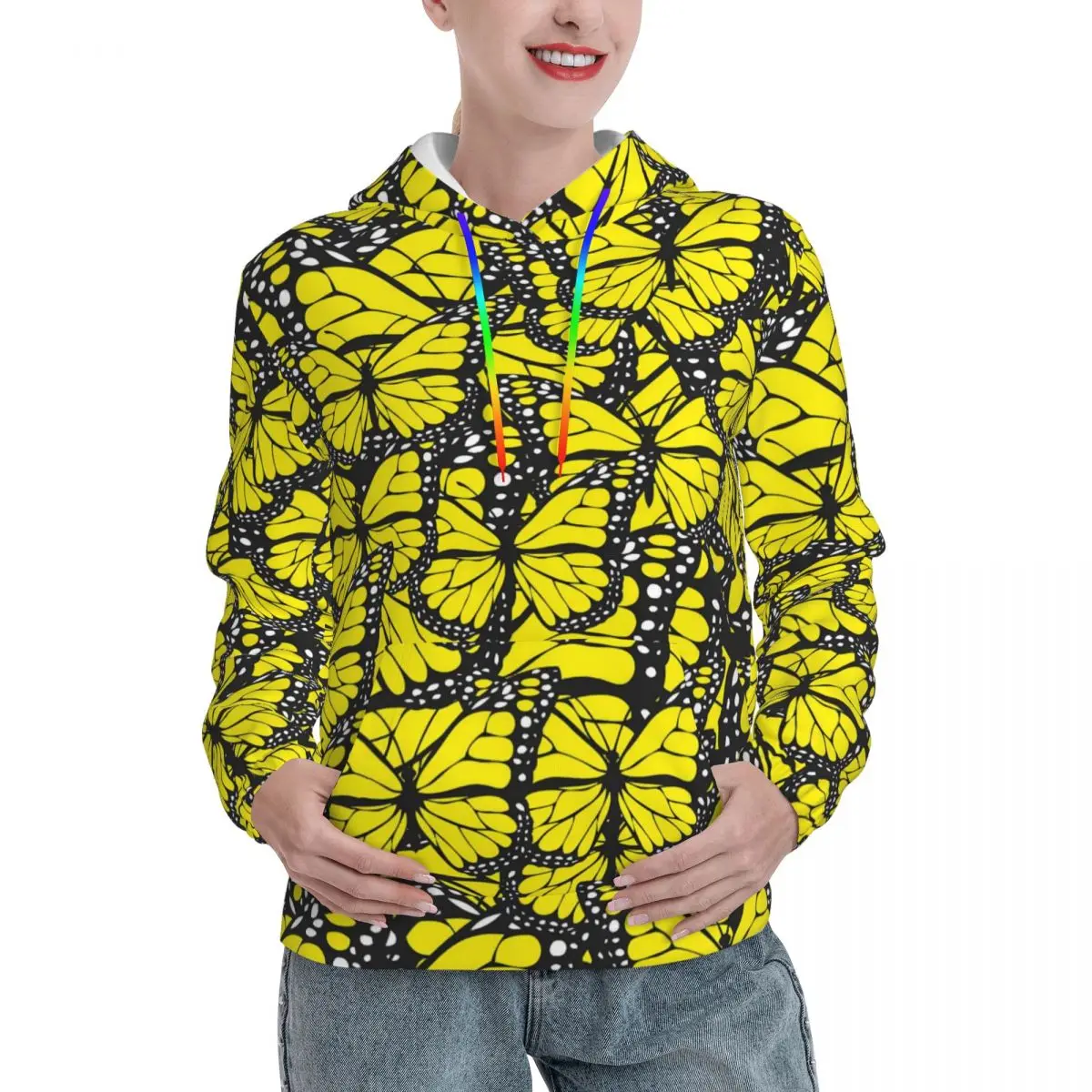 

Уличная одежда с желтыми бабочками, зимняя верхняя одежда с животным принтом, Женский пуловер большого размера с капюшоном, толстовка