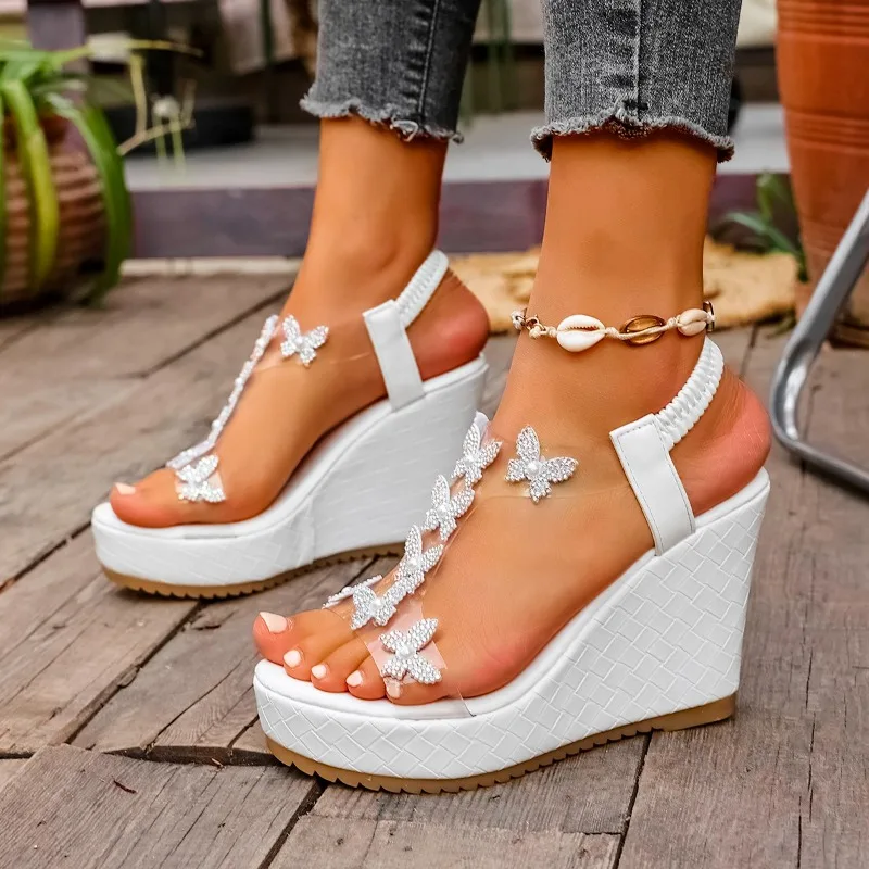 Women's Wedge High Heel Sandals Fashion Crystal Butterfly