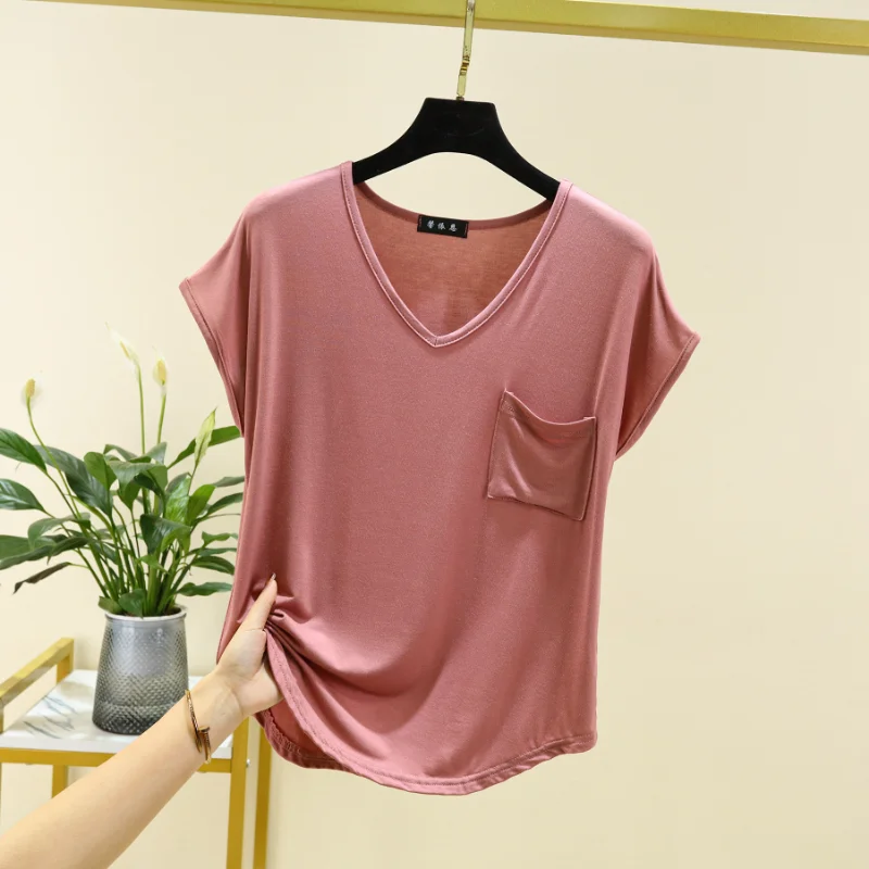 2024 new women's summer one-piece pajamas Modal short-sleeved top with thin solid color loose large V-neck household clothes