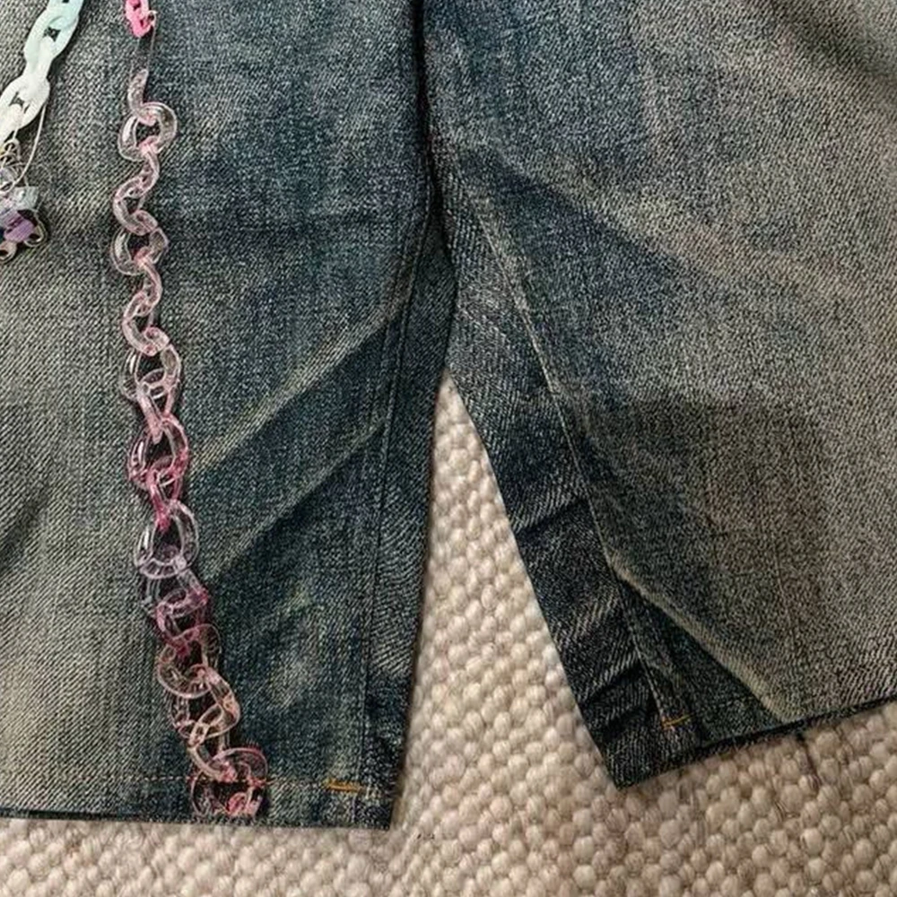SS25 Candy Chain 3d Printed Vintage Aged Wide Leg Loose Fit Denim Shorts