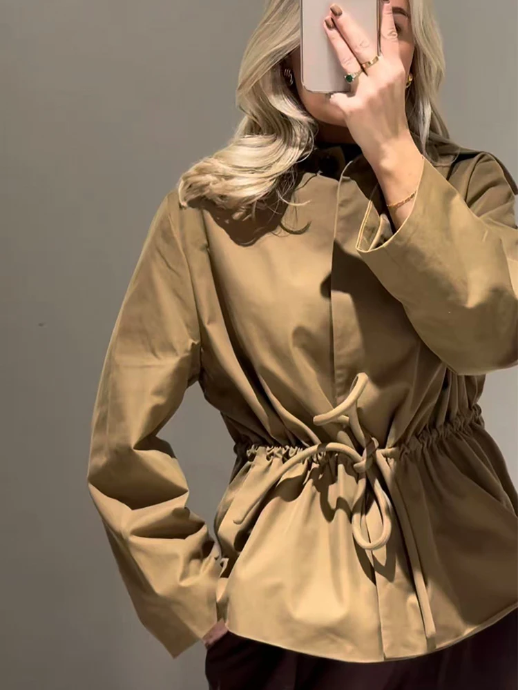 TFMLN 2025 Autumn Women Solid Drawstring Jackets Fashion Causal Long Sleeve Loose Cropped Coats Simple Ladies Streetwear Tops