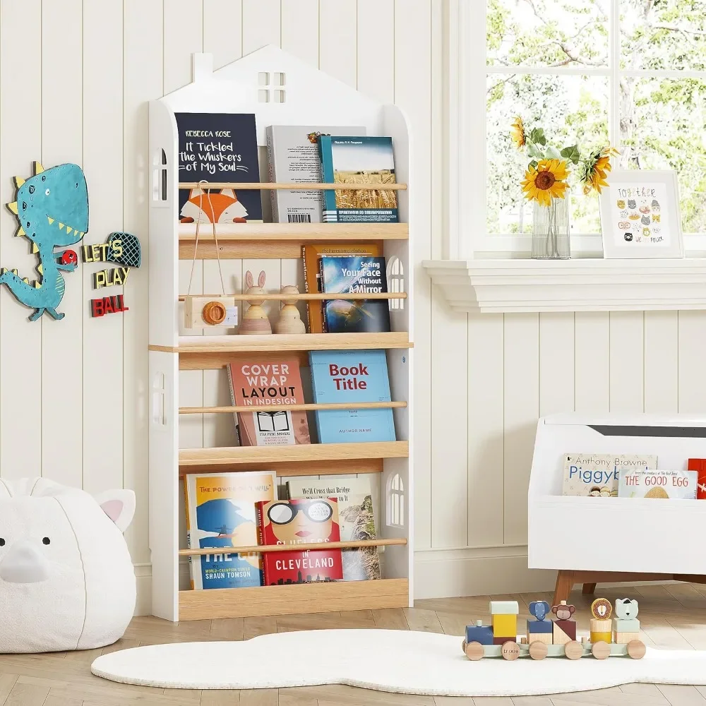 Kids Bookshelf Wall Mounted, 4-Tier Book Shelf Organizer, Tall Wooden Children's Bookcase, Storage Book Rack for Kids Room