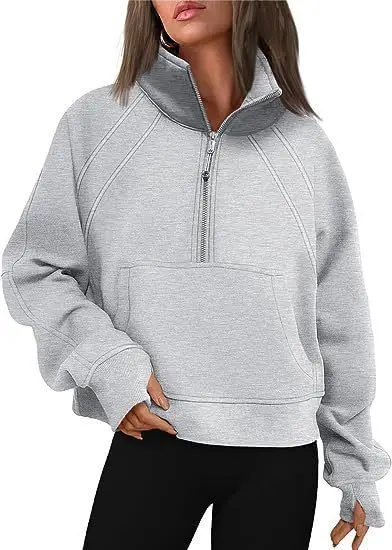 Women's Autumn/Winter Half-Zip Stand Collar Sweatshirt Casual Versatile Long Sleeve Hoodies Pullover