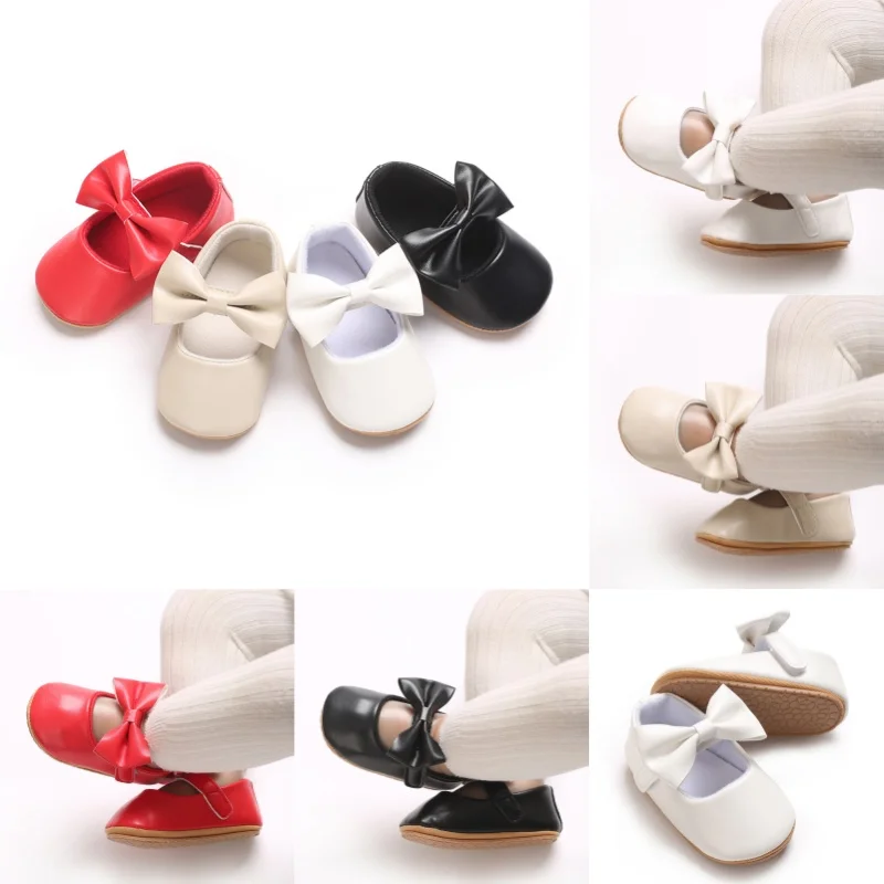 Solid Color 0-18M Baby Girl Mary Jane Flat Shoes With Butterfly Bow Rubber Anti Slip Children's First Walking Shoes Princess For