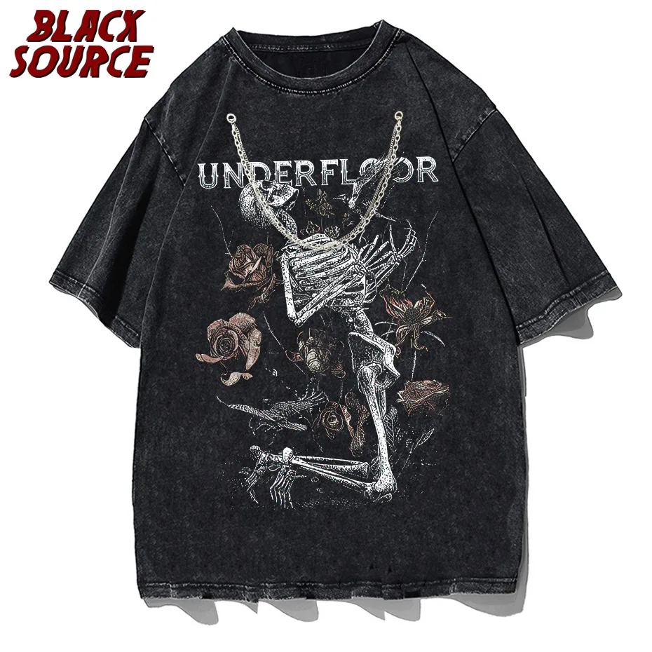 【oan】Elec Skeleton Vintage Washing Short Sleeve T-Shirt Faded Graphic Vintage Washed T Shirts Black Printed Wash T