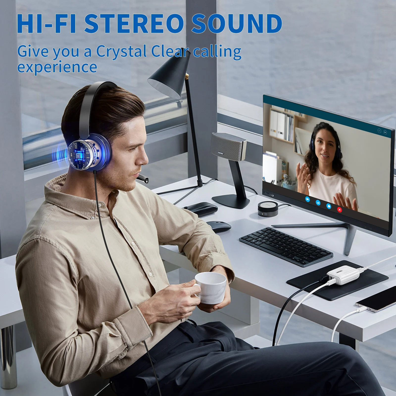 3.5mm USB Wired Headphones Independent Sound Card MIC Business Headset With MIC For PC /Laptop/Computer Adjustable Volume EH10