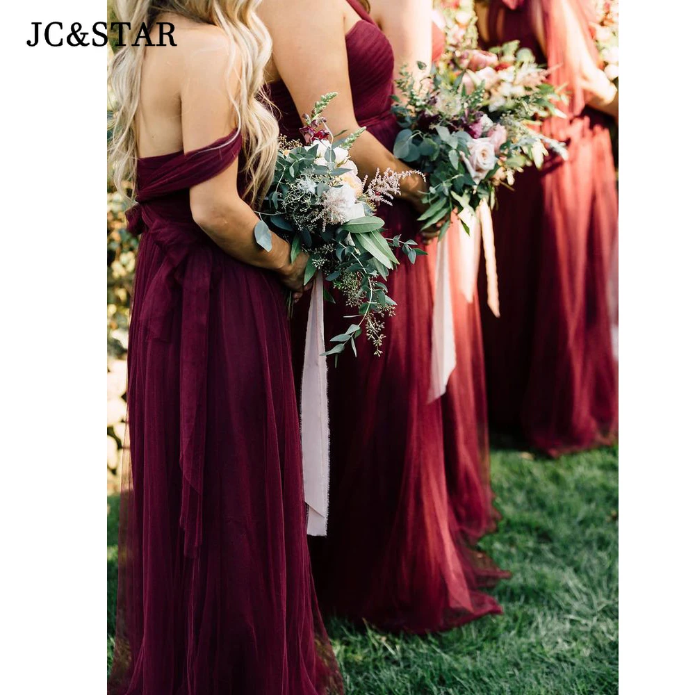 Burgundy Tulle Bow Bridesmaid Dresses Long ElegantGarden Wedding Party Gown Convertible Multiple Wearing Styles Vestido De Gala
