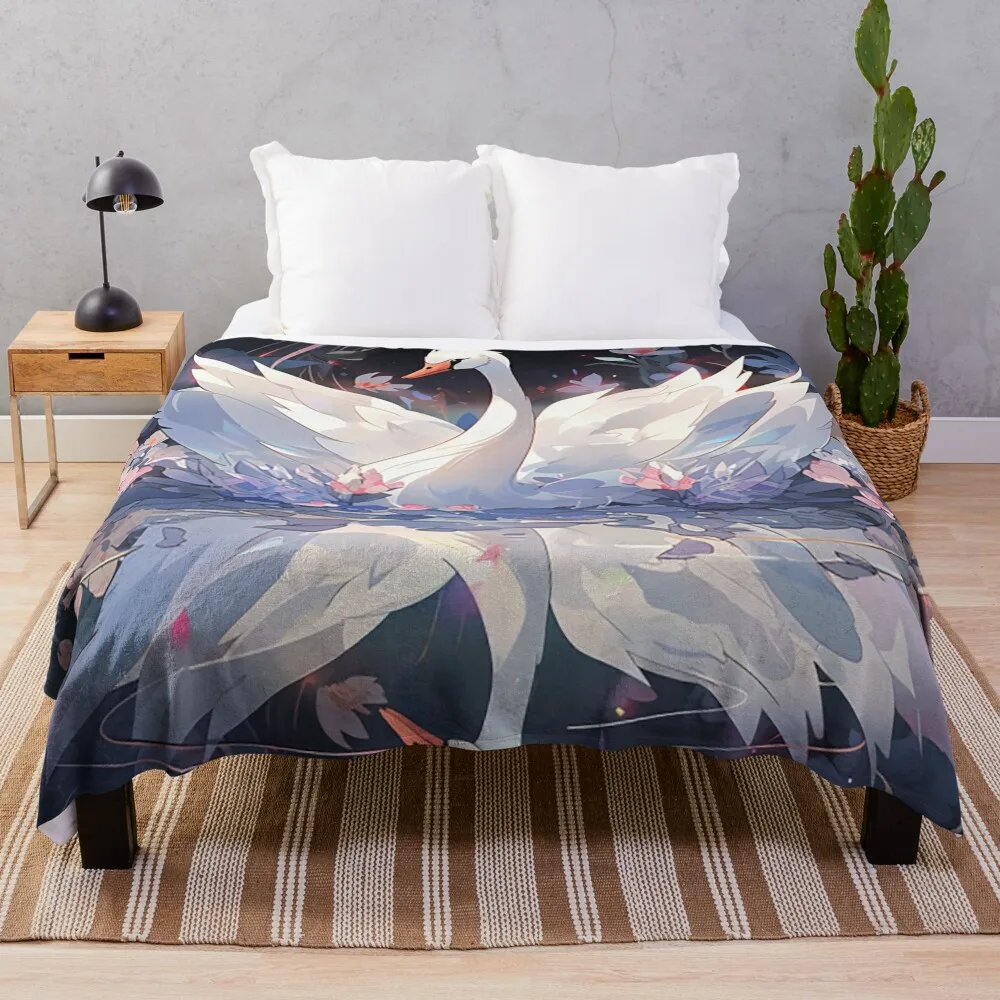 

Serene Swan Serenity: Grace on a Lotus-Studded Lake Throw Blanket Camping Blanket Quilt Blanket Personalized Gift