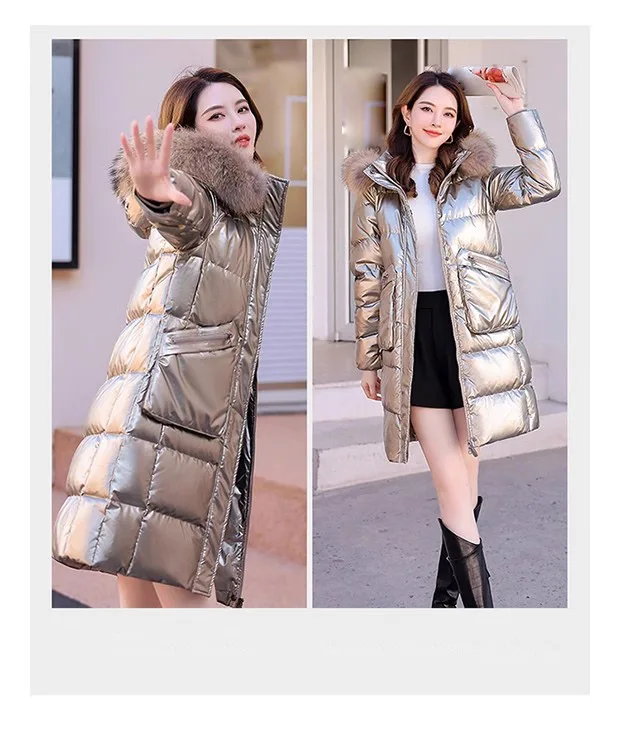 

2023 Glossy no-wash mid-length hooded down coat Winter