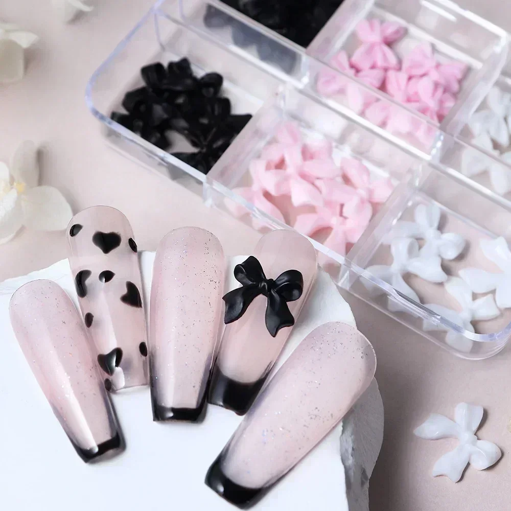 6 Grids Pink White Ribbon Bow Nail Charms Korean Parts Black Nail Art Tie Decoration Kawaii Accessories Manicure Design Supplies 5
