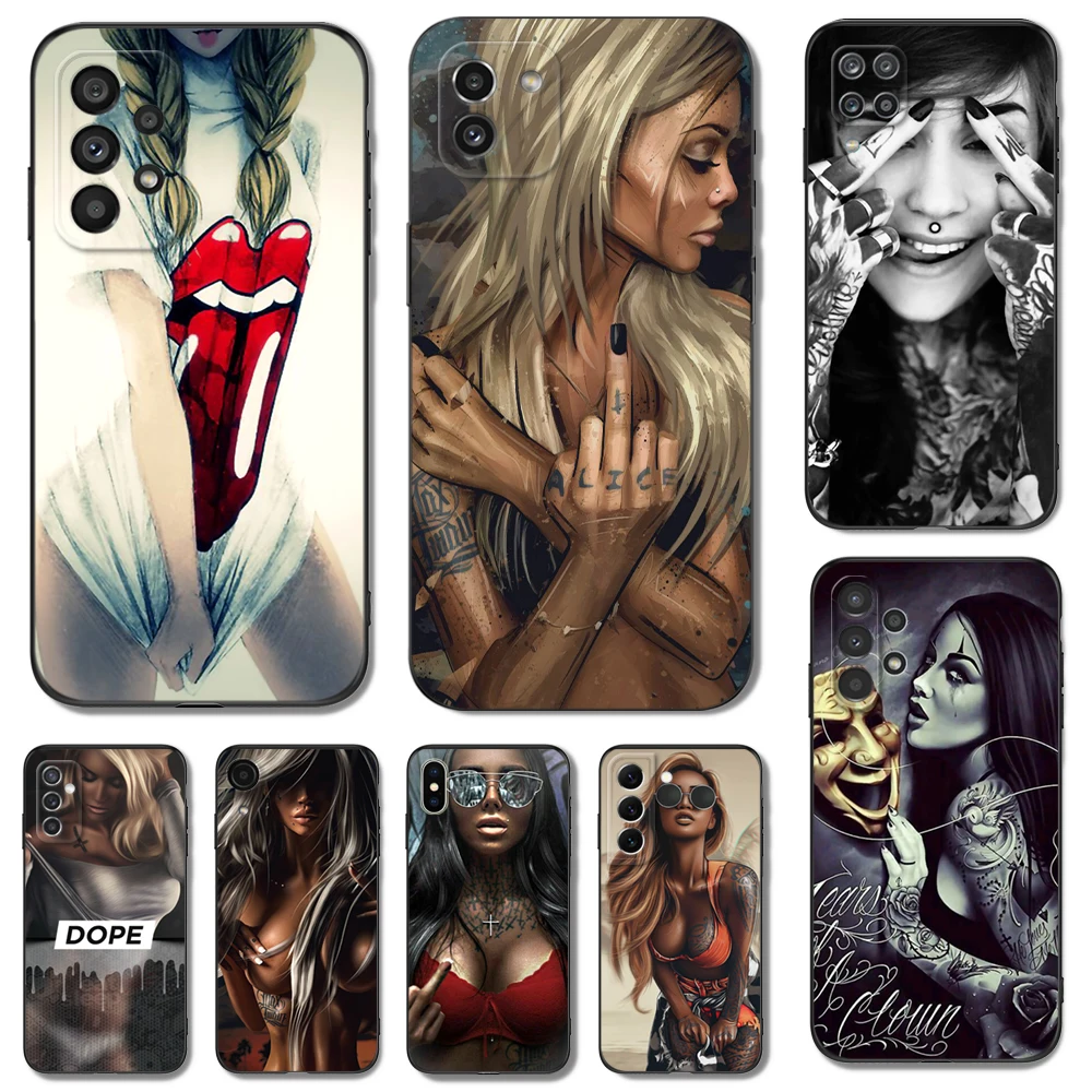 Custodia In Tpu Nero Per Samsung Galaxy A54 A34 A14 5G A04 Note 20 10 9 Plus Ultra + Cover Sexy Sleeve Tatted Girl