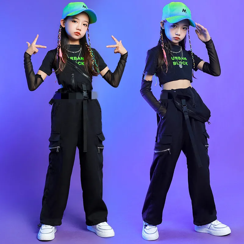 

2022 Children Jazz Performance Costumes Black Crop Tops Hiphop Pants Streetwear Ballroom Hip Hop Kpop Dance Clothing