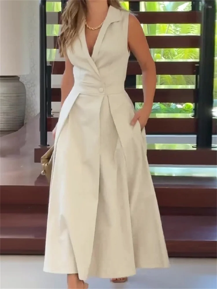 Wmstar Women's 2024 Summer Dresses Elegant Party Solid Color Lapel Fold Long Sleeveless Elegant Dress Wholesale Dropshipping