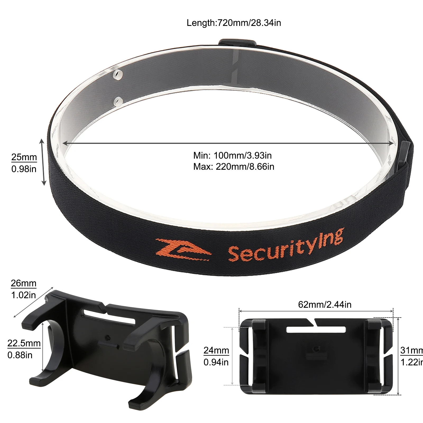 SecurityIng Elastic Headband Adjustable Headlight Strap for 22-26mm Torch Headlight with 2pcs Bracket, Head Lamp Strap headlight strap holder