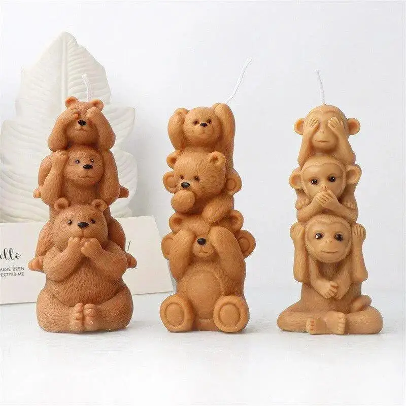 3D Handmade Diy Monkey Bear Shape Silicone Candle Mold Family Of Three Overlapping Animals Resin Molds DIY Crafts Home Decor
